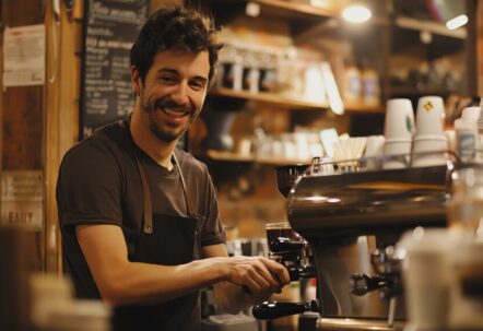 Cheerful barista making coffee with portafilter in coffee shop. Small business owner. Coffee machine. Cheerful barista making coffee with portafilter in coffee shop. Small business owner. Coffee machine.
